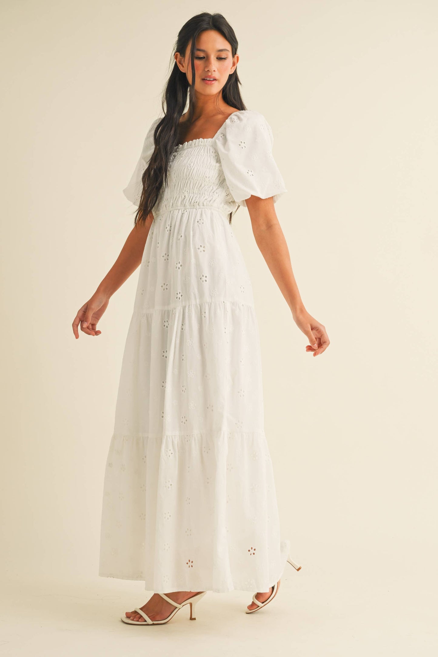 ID8852 EYELET PUFF SLEEVES MIDI DRESS WITH SMOCKING