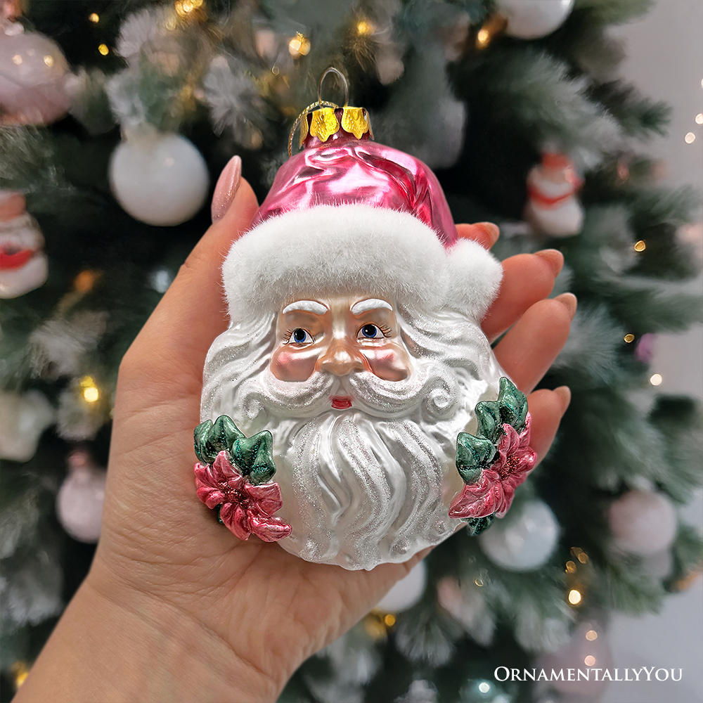 Enchanting Pink Santa Head Glass Ornament, Vintage Christmas