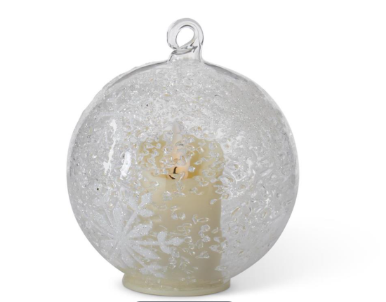 Iced 4" Clear Glass White Snowflakes LED Flicker Flame Ornament