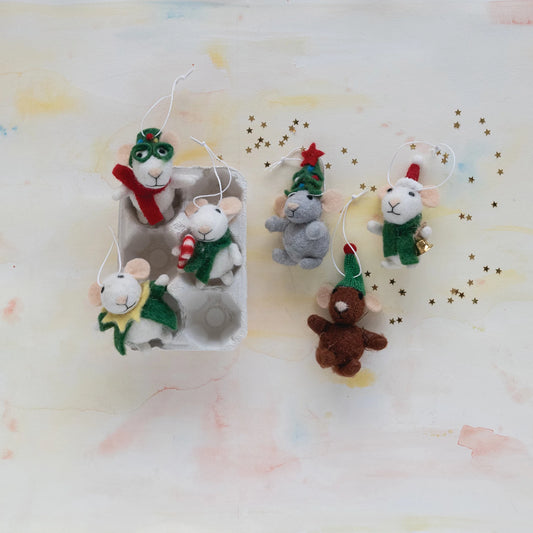 Handmade Wool Felt Mice Ornaments in Egg Crate, Set of 6