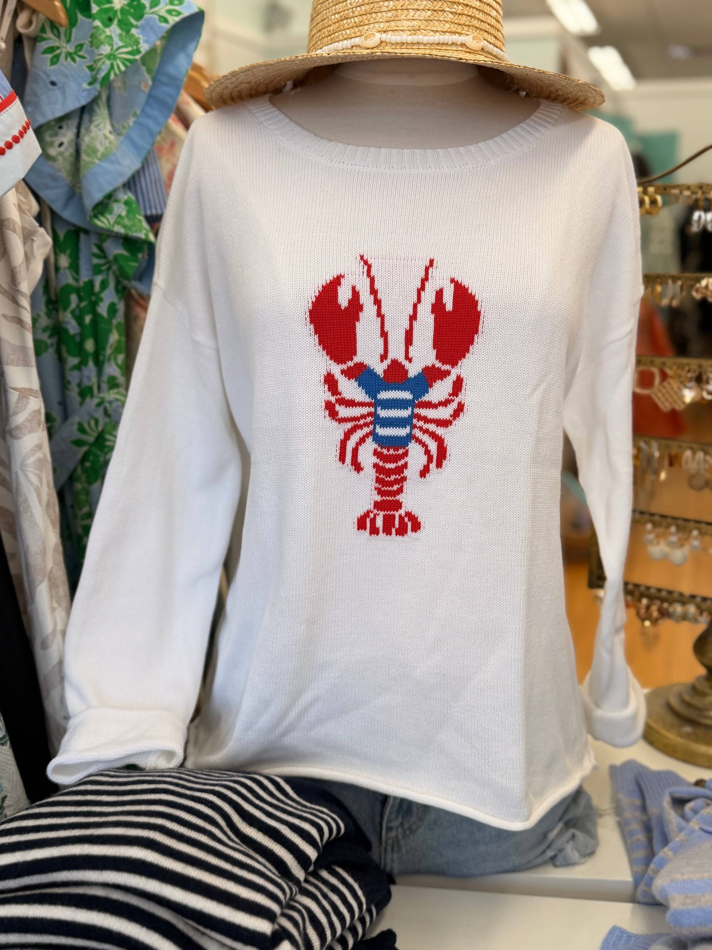 Lobster in Stripe Tee Boxy Cotton Sweater in White