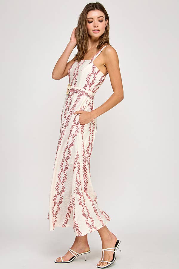 Embroidered Belted Maxi Dress