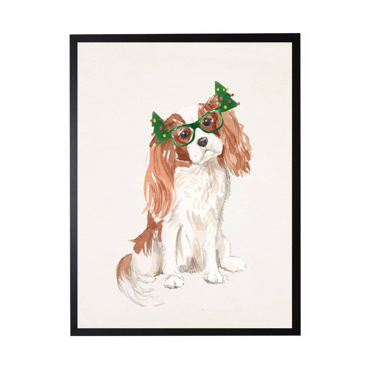 Watercolor King Charles w/ Christmas glasses