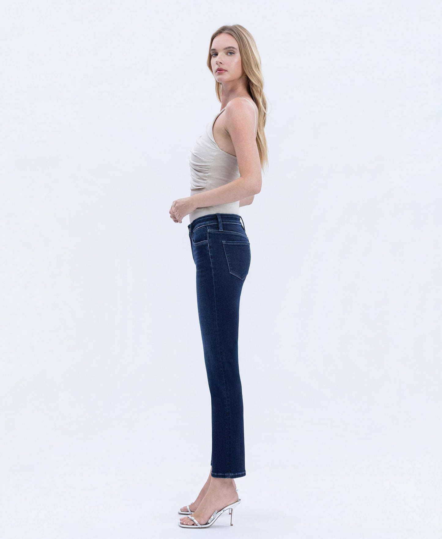 MID RISE DARK WASH ANKLE SLIM STRAIGHT JEANS