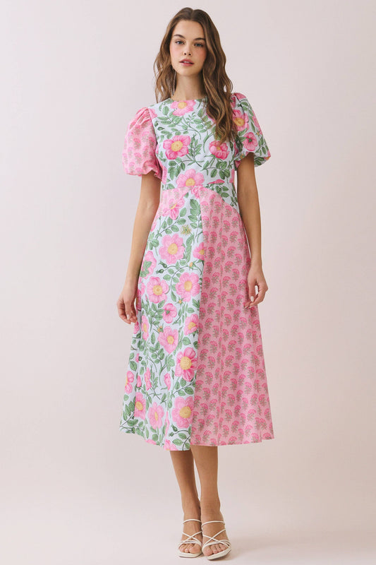 LAST CHANCE - Bold Mixed Floral Pattern Design Midi Dress - Pink