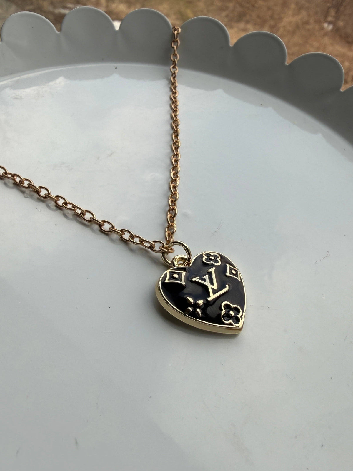 Upcycled LV Embossed Hearts Pendant Necklace