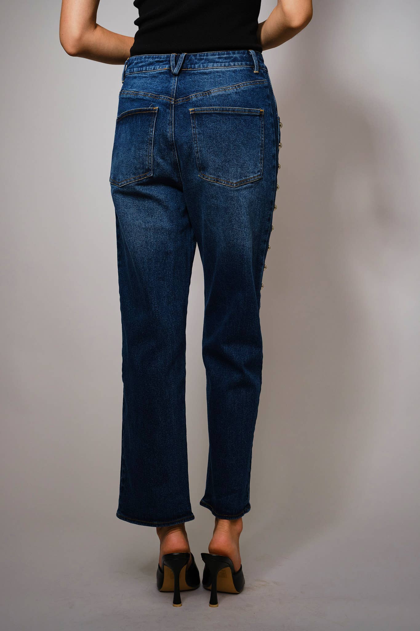 Metal Studded High Rise Straight Leg Jeans