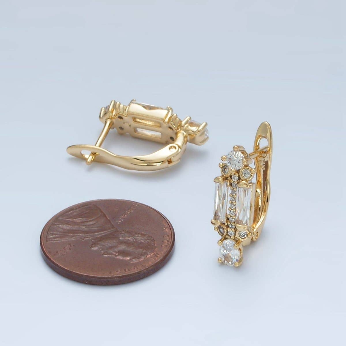 14K Gold Filled CZ Micro Paved Baguette English Lock Earrings