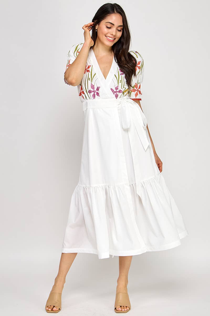 LAST CHANCE - Floral Embroidered Puff Sleeve Wrap Midi Dress - size S