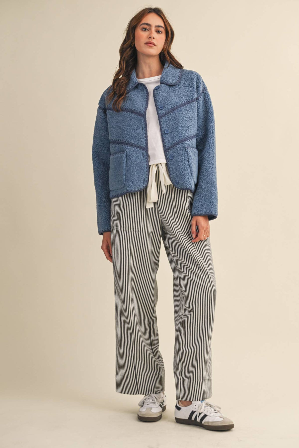 FAUX SHERPA FLEECE JACKET WITH BLANKET STITCH