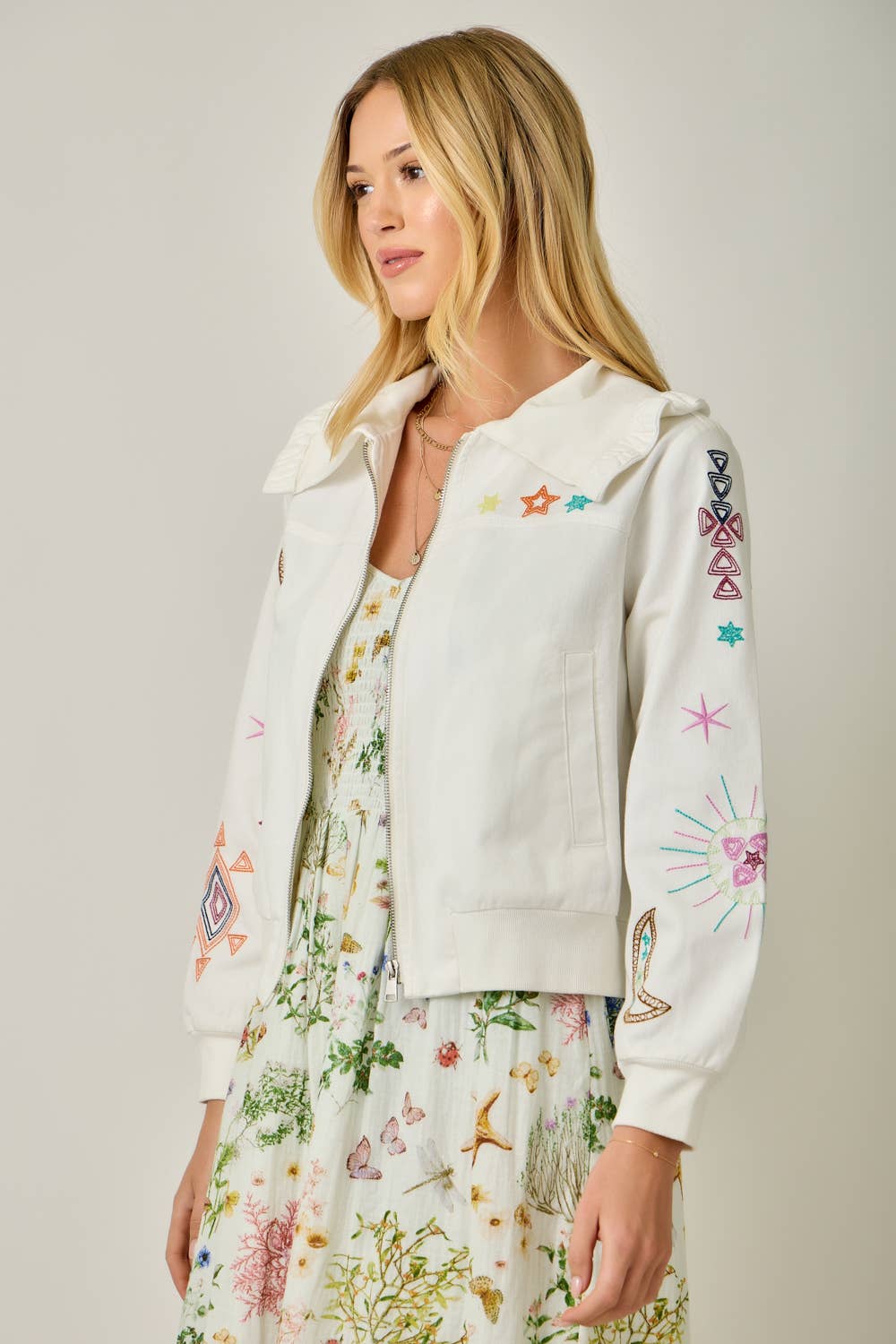 Embroidered Blouson Jacket with Star Detail - Vintage White
