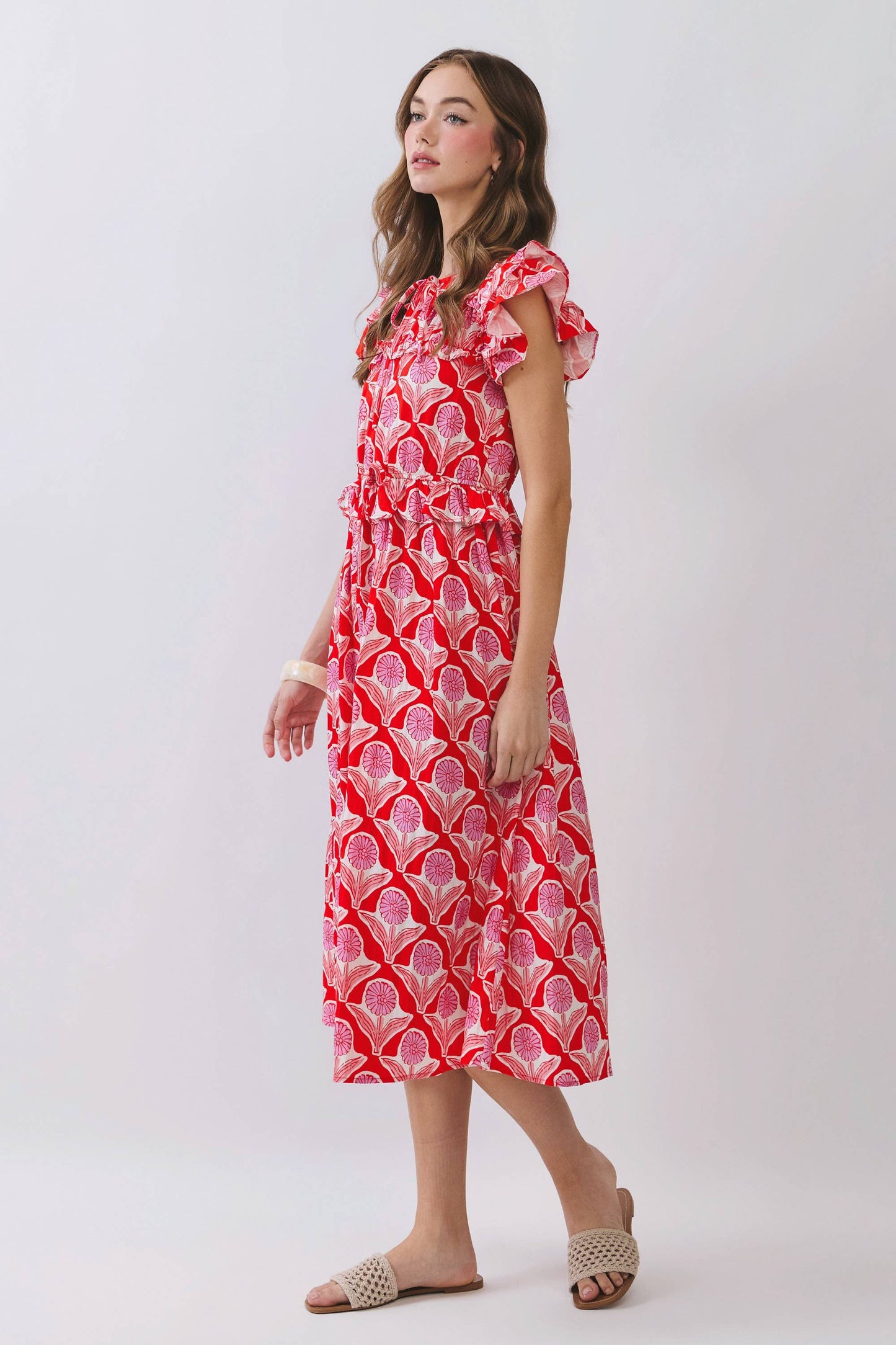 Red Floral Ruffle Sleeves Midi Dress