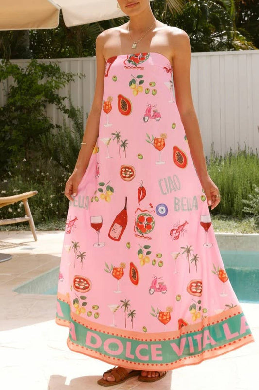 Ciao Firenze fruit printed strapless maxi dress