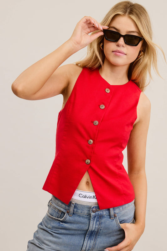 Button Down Sleeveless Round Neck Waistcoat Vest