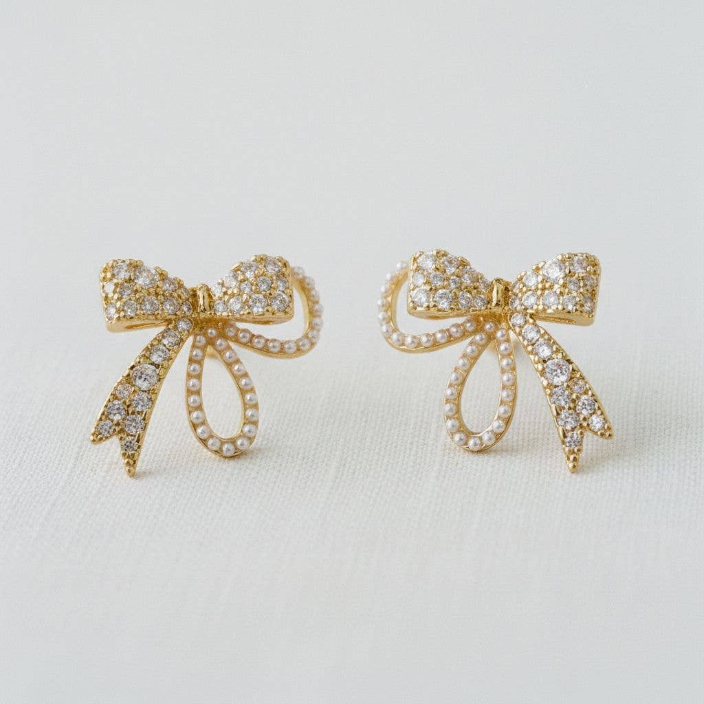 Vintage Inspired Pearl and CZ Bowknot Earrings