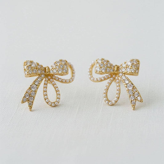 Vintage Inspired Pearl and CZ Bowknot Earrings