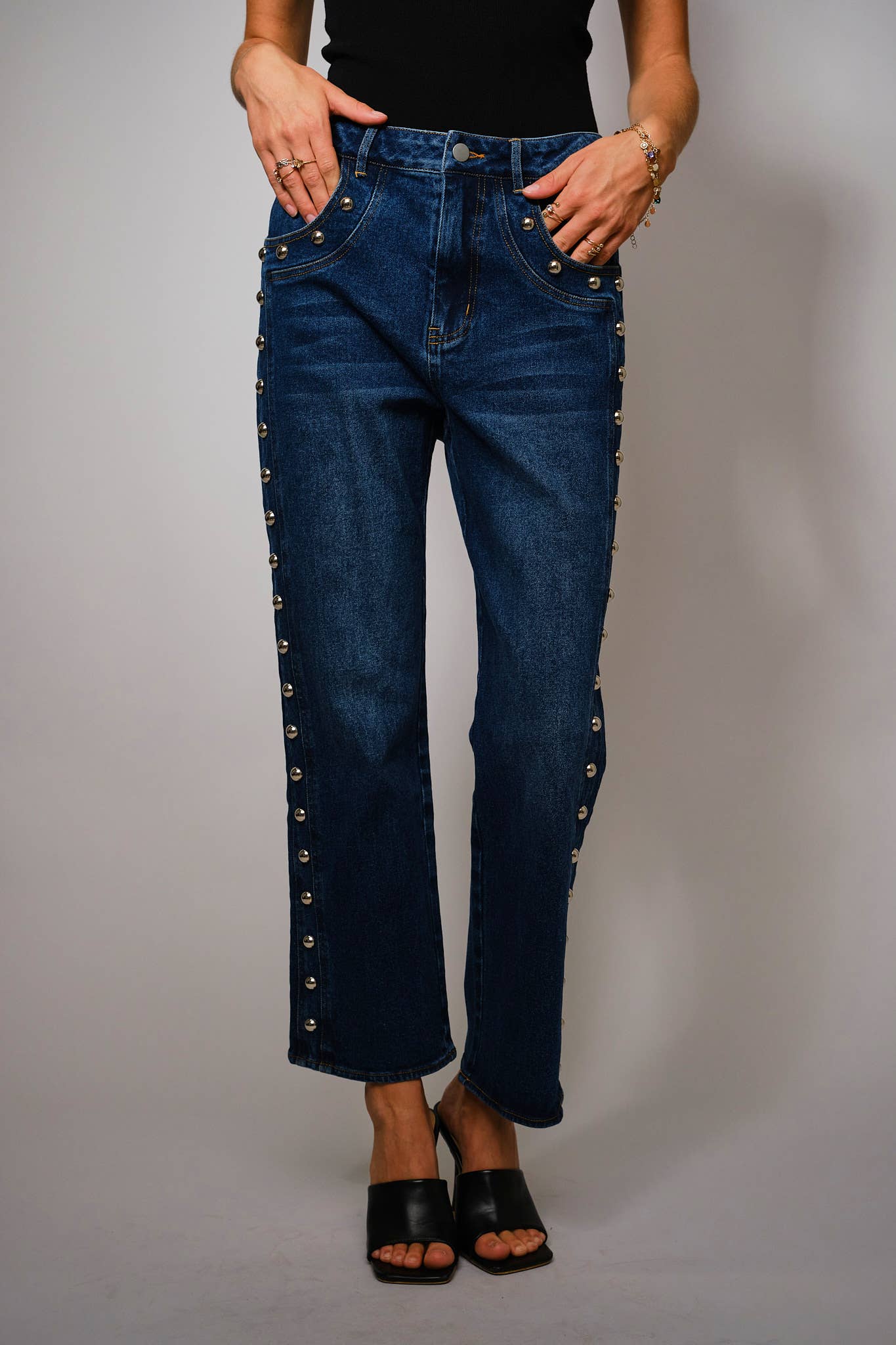 Metal Studded High Rise Straight Leg Jeans