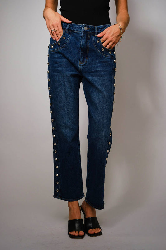 Metal Studded High Rise Straight Fit Denim Jeans