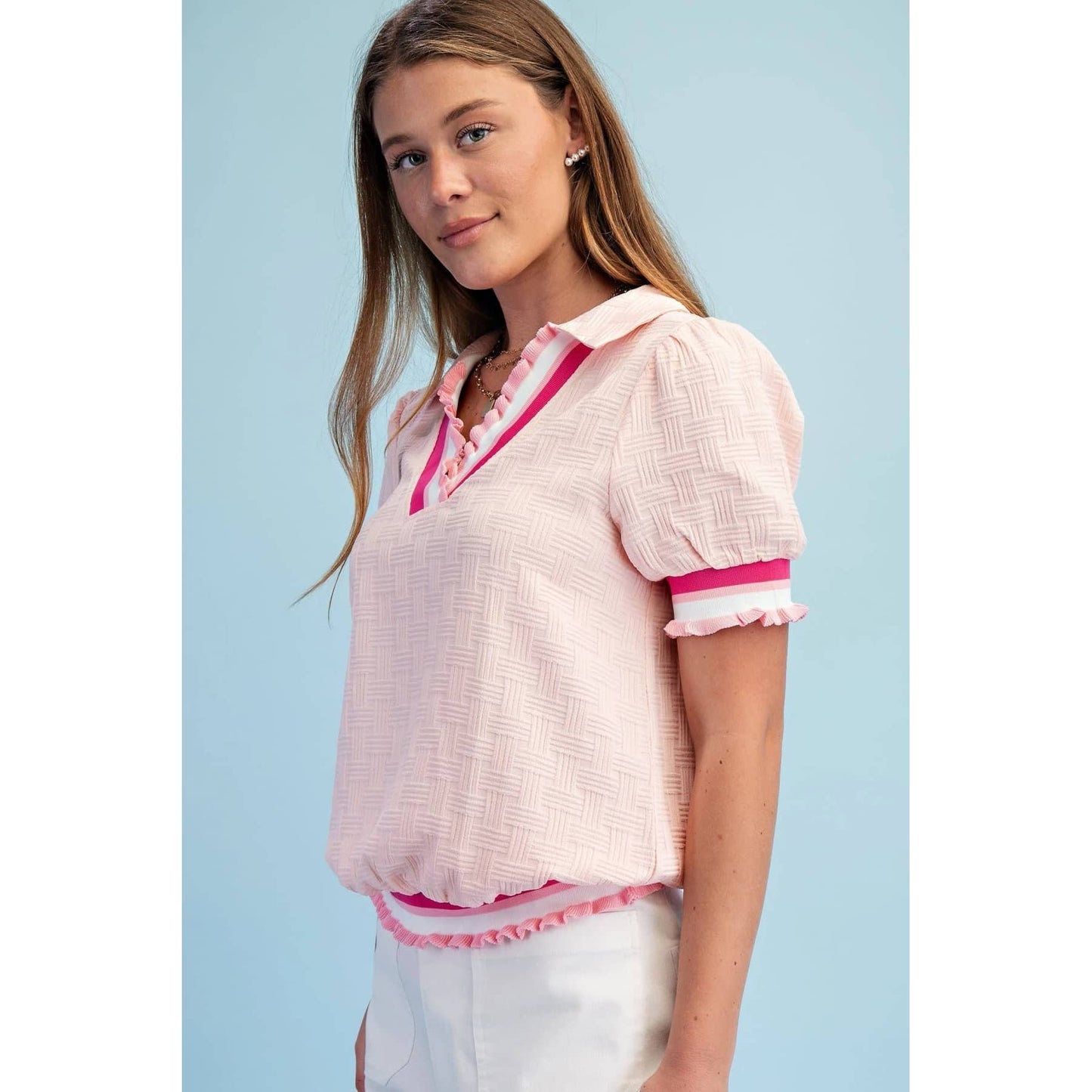 LAST CHANCE - Textured V-Neck Short-Sleeve Top