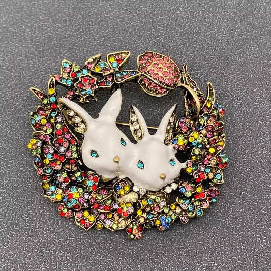 Large Size White Enamel Rabbit In The Rhinestones Nest Brooch