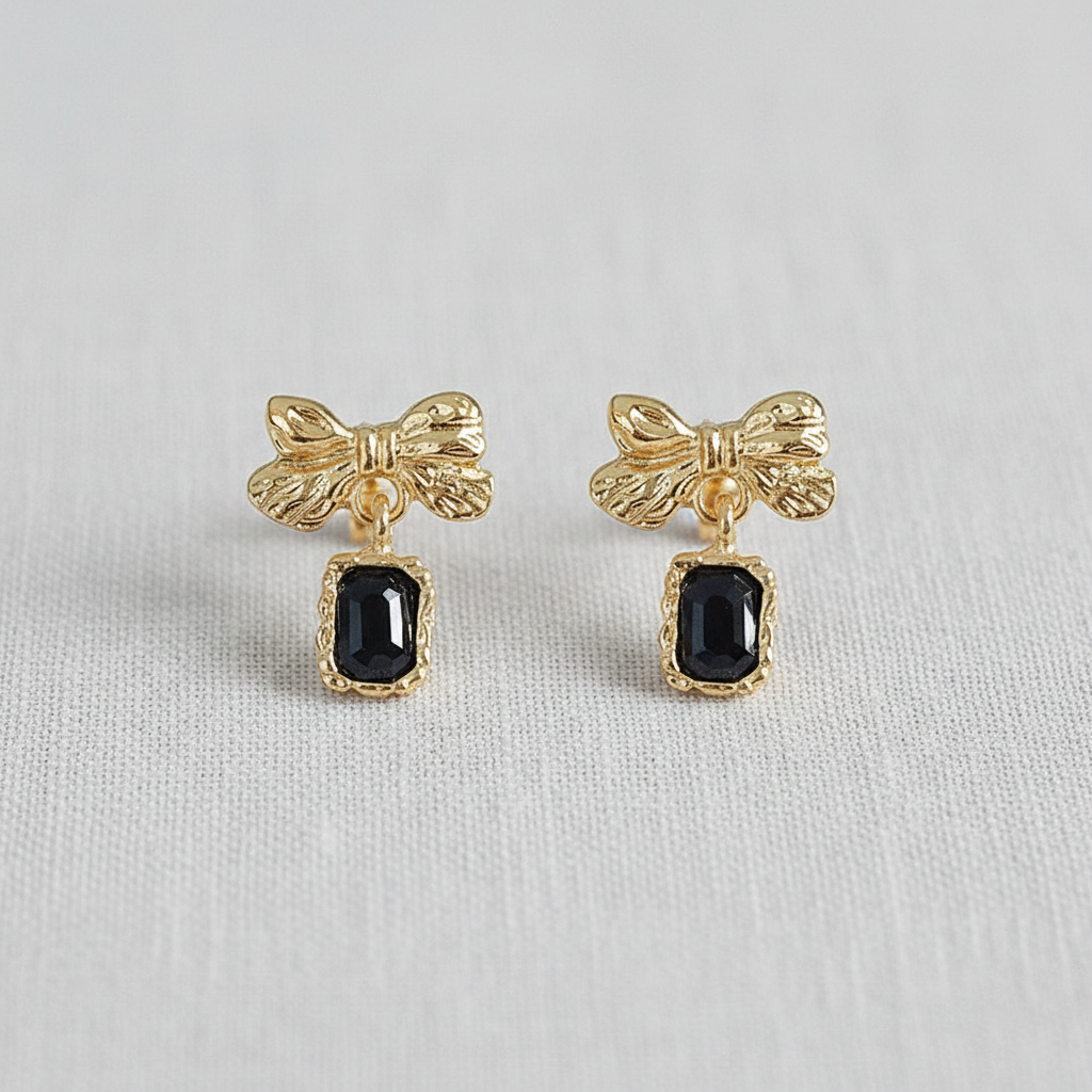 Vintage Black and Gold Bow Stud Earrings