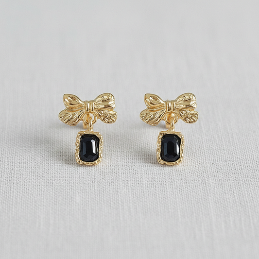 Vintage Black and Gold Bow Stud Earrings