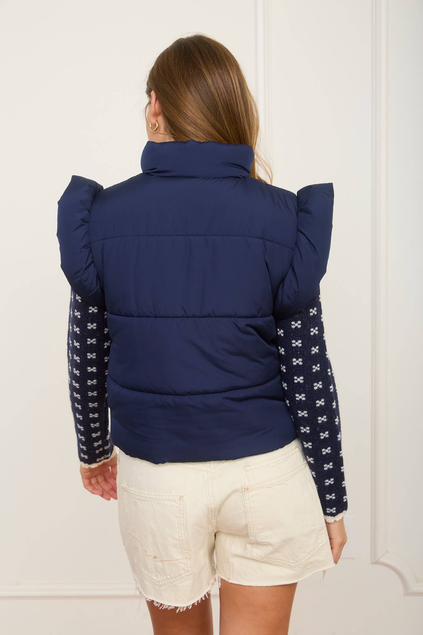 Flutter Sleeve Bow Detail Puffer Vest - Navy
