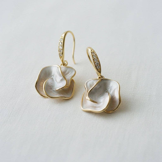 Handmade Enamel Camellia Flower Dangle Earrings