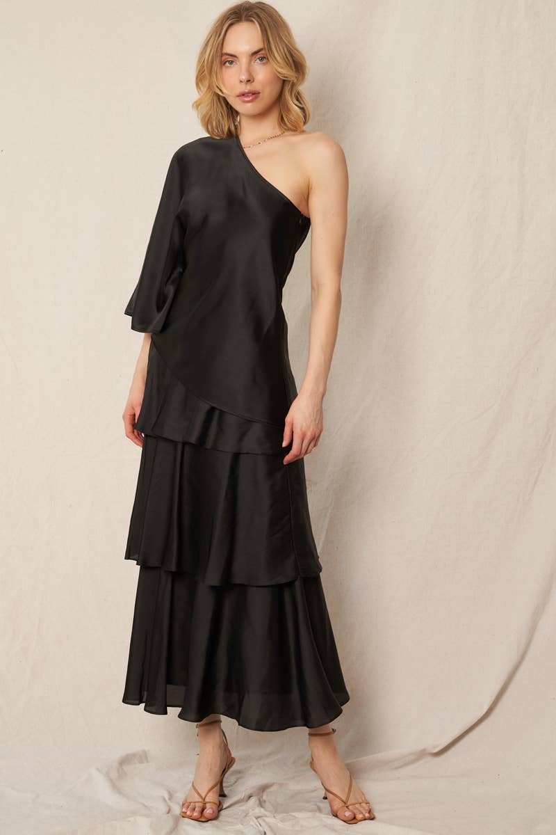 Belted Satin Tiered Midi Skirt - Black