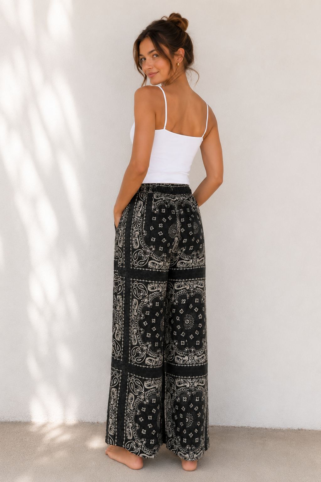 Black Paisley Bandana Wide-Leg Pants with Elastic