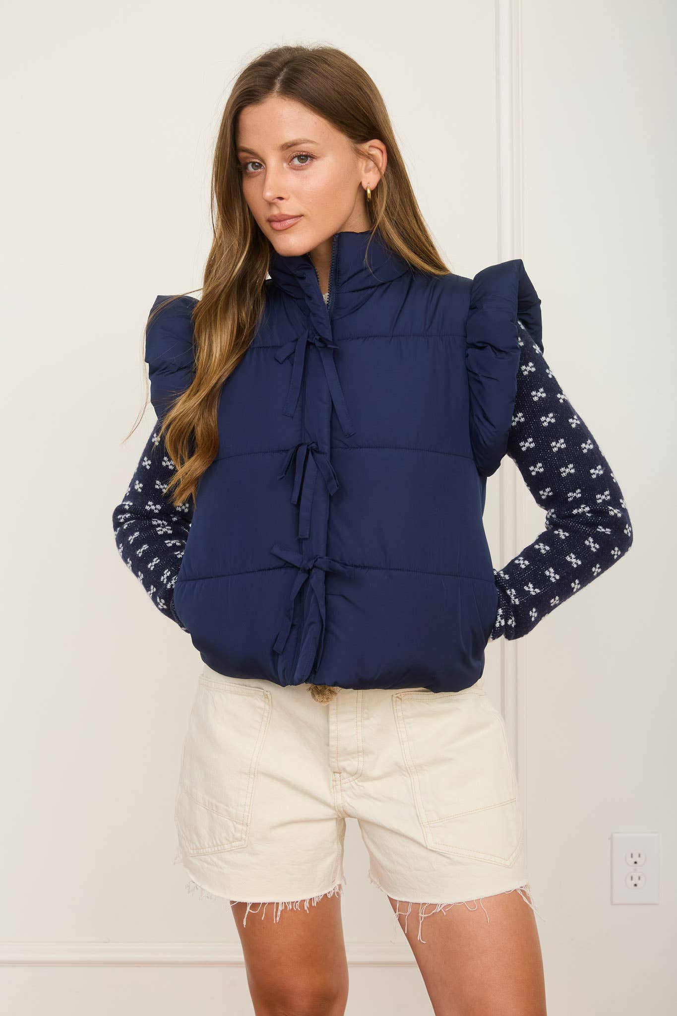 Flutter Sleeve Bow Detail Puffer Vest - Navy