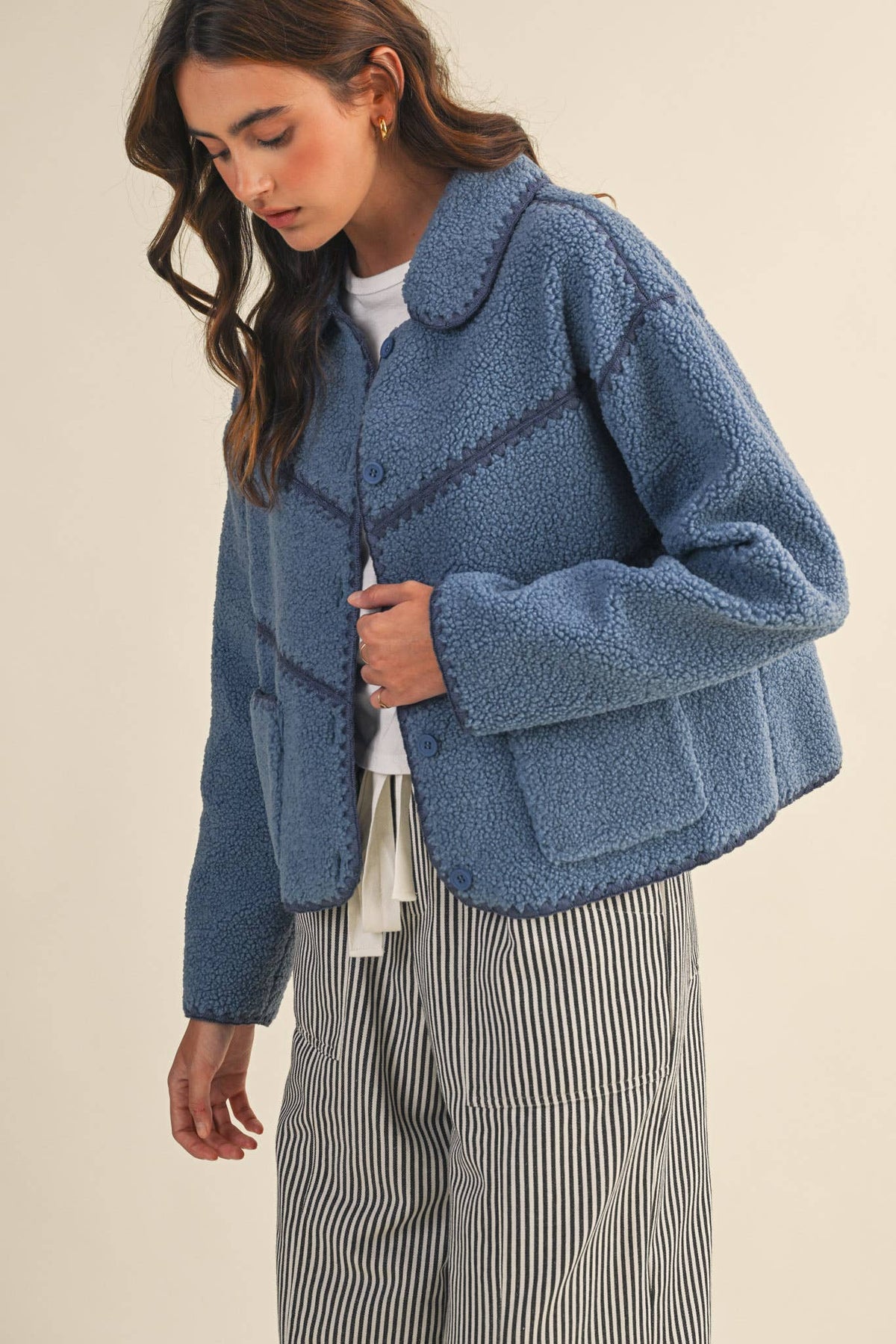 FAUX SHERPA FLEECE JACKET WITH BLANKET STITCH