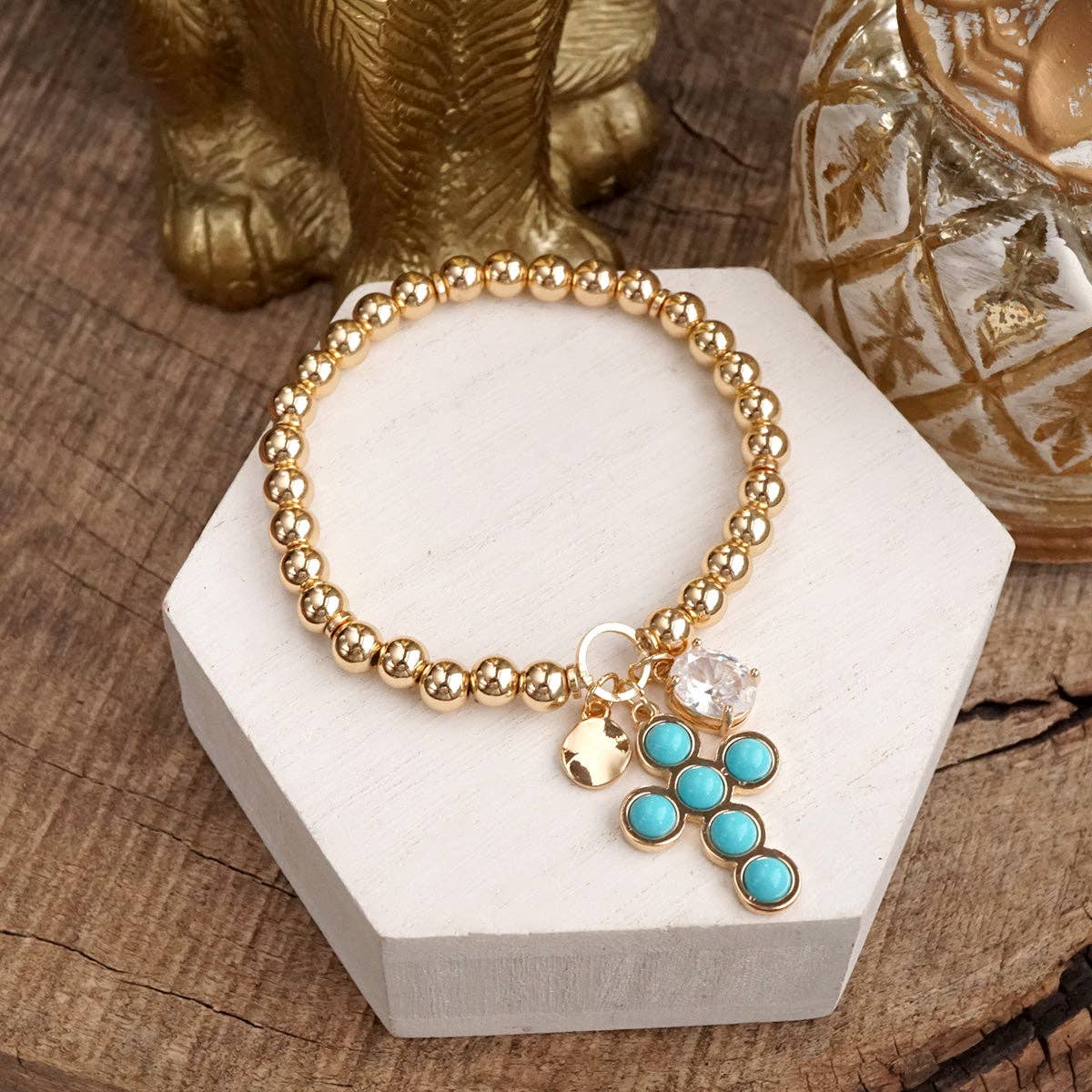 Golden Keepsakes Charm Cluster Stretch Bracelet with Beads and Stones