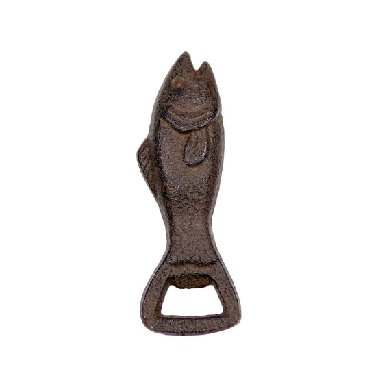 Antique brown fish-shaped bottle opener with tail cutout