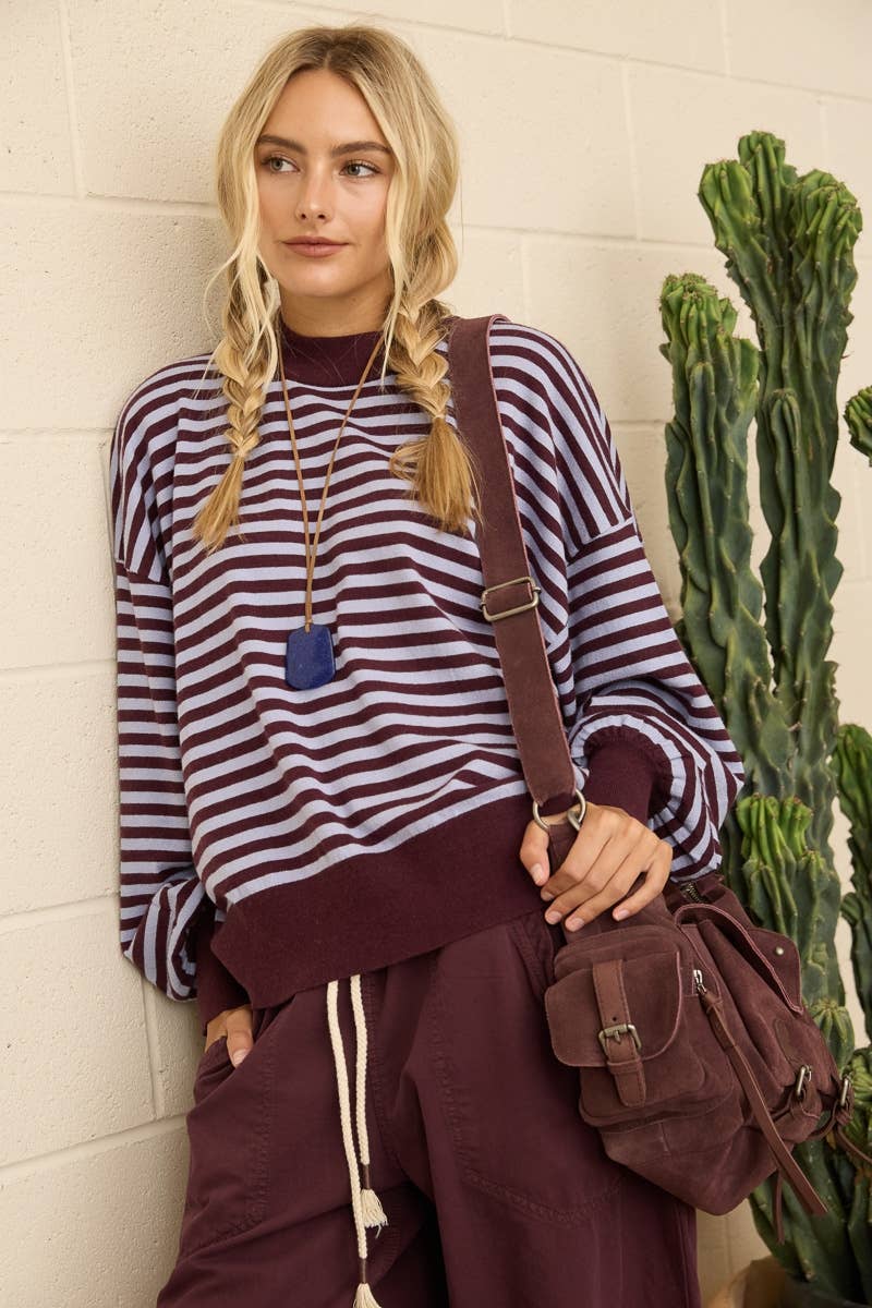 Two-Tone Stripe Mock Neck Sweater