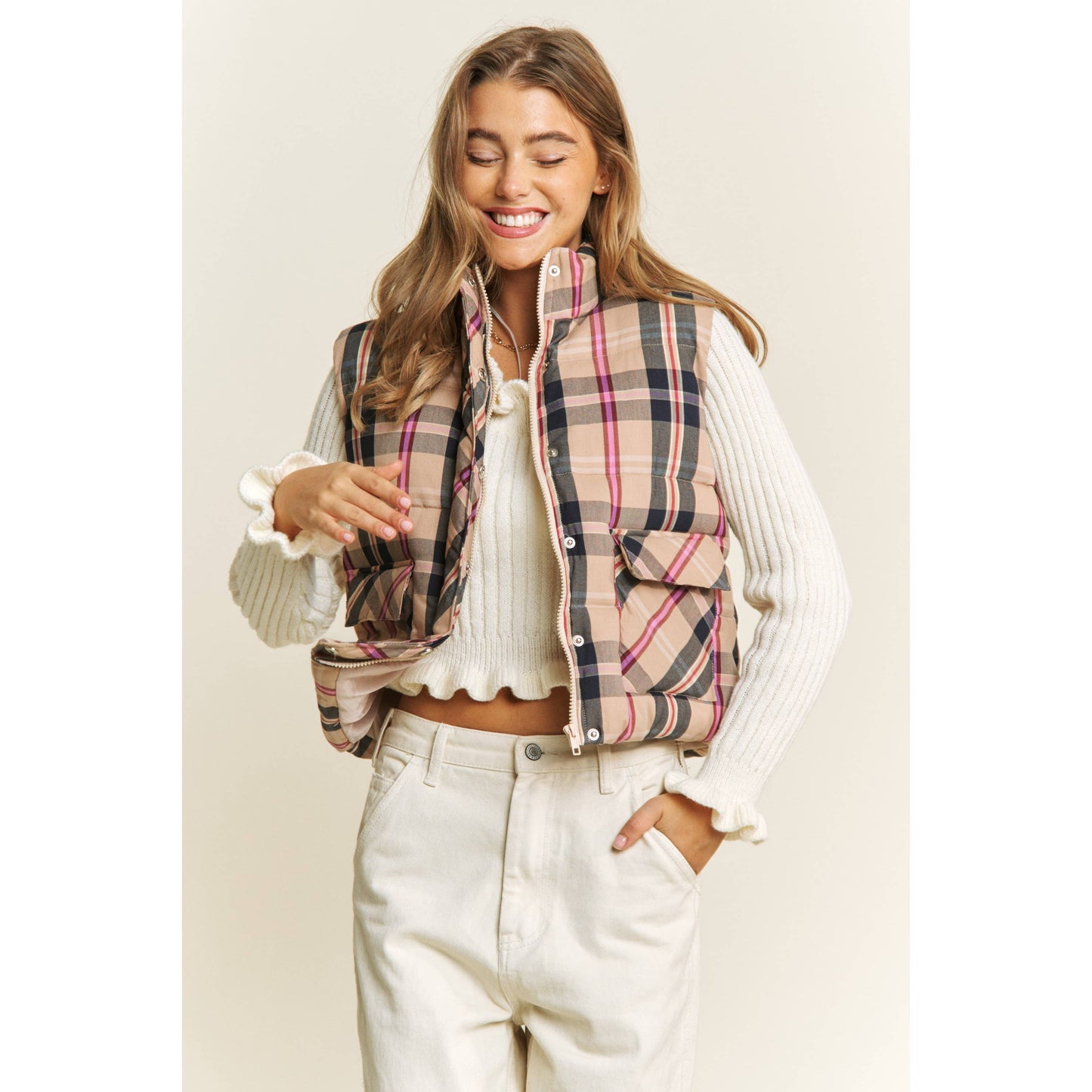 CROP PLAID HIGH NECK OPEN FRONT PUFFER VEST