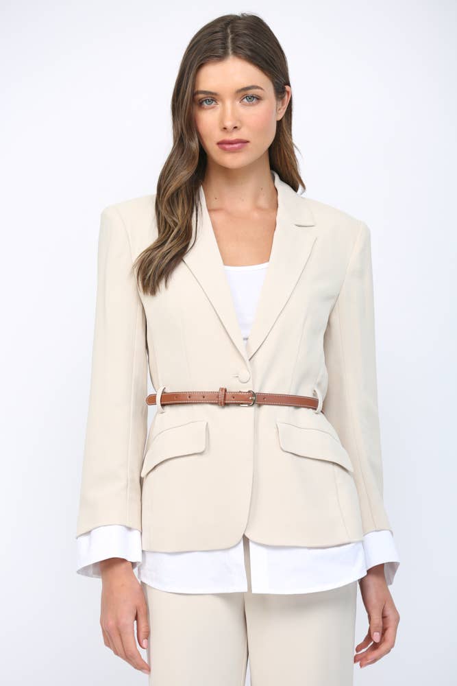 LAYERED LOOK MIXED MEDIA BELTED BLAZER