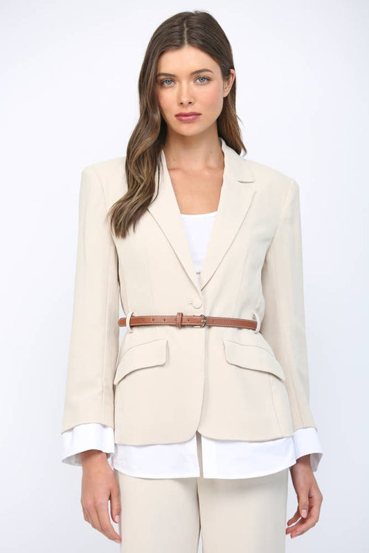 LAYERED LOOK MIXED MEDIA BELTED BLAZER