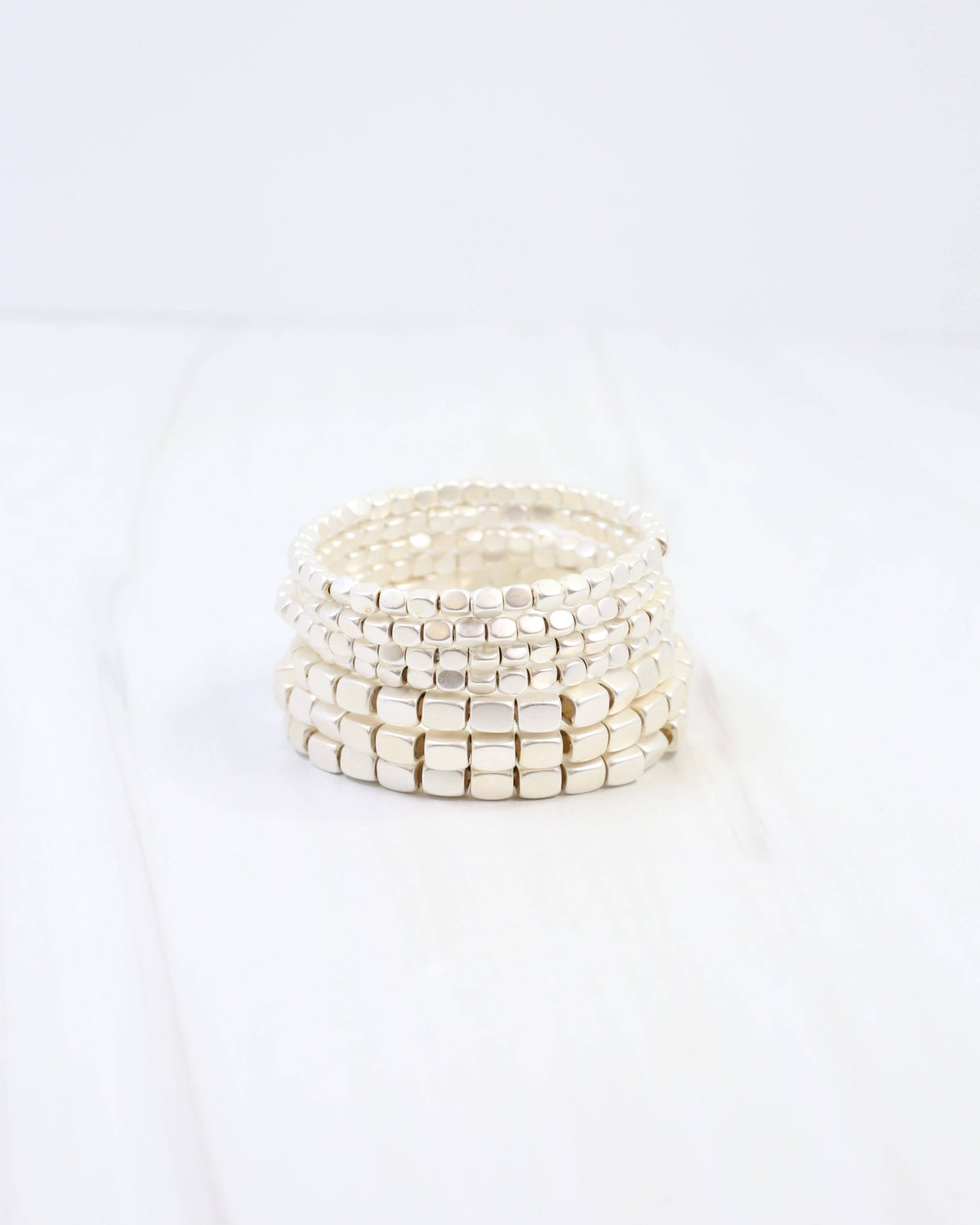 Durham Square Beaded Stretch Bracelet Set Matte Silver