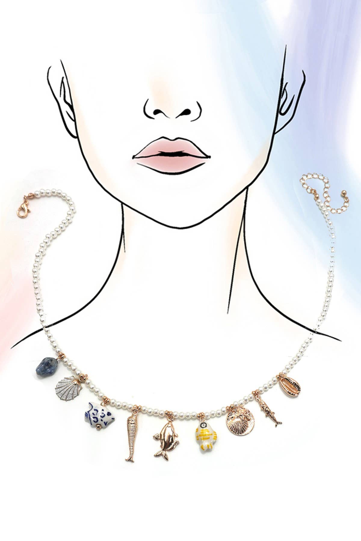 Coastal Porcelain Fish Shell Natural Stone Charm Necklace