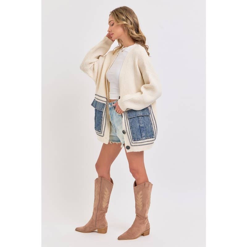 Knit Sweater Cardigan with Denim Pockets