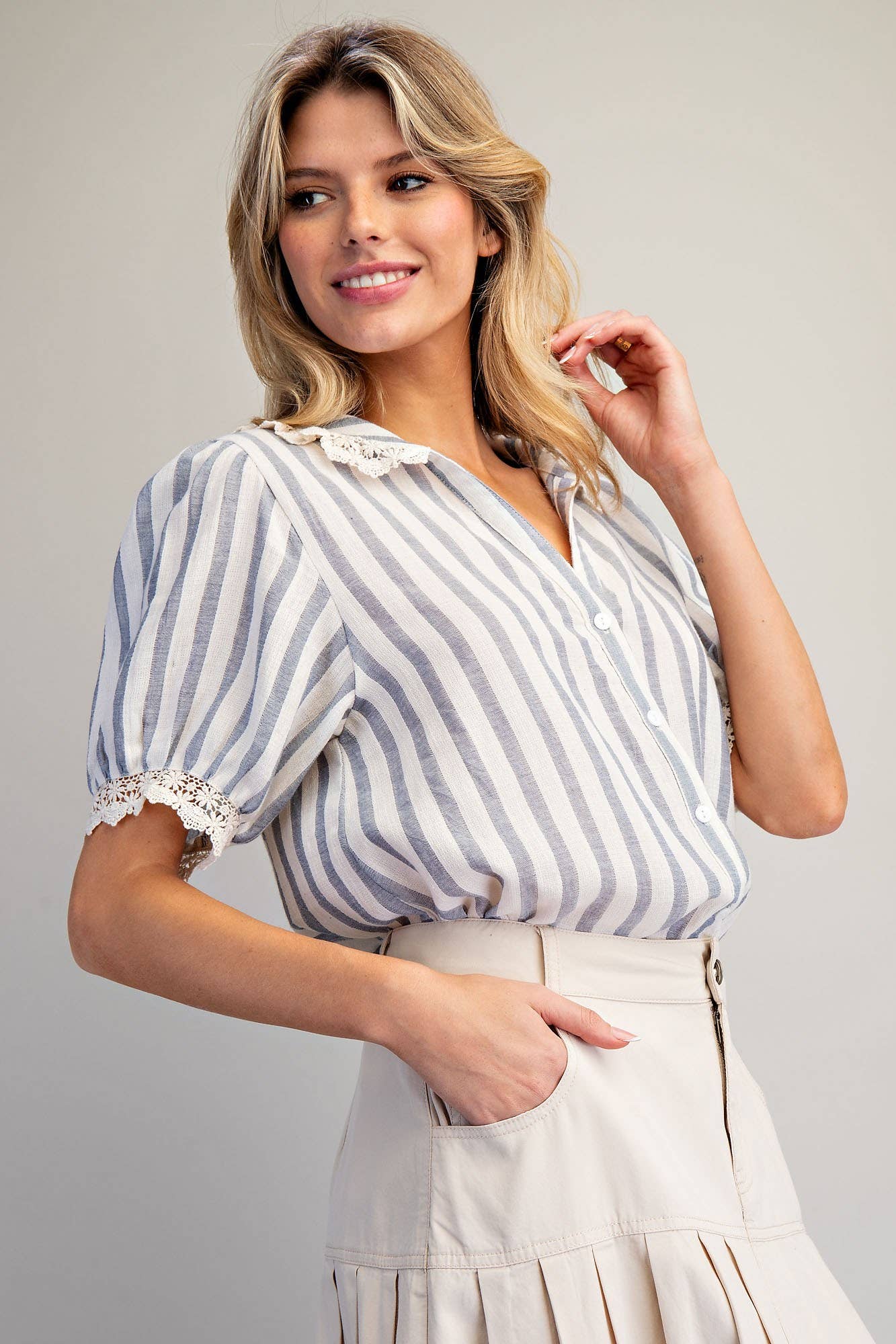 LACE TRIMMED STRIPED BUTTON DOWN SHIRT