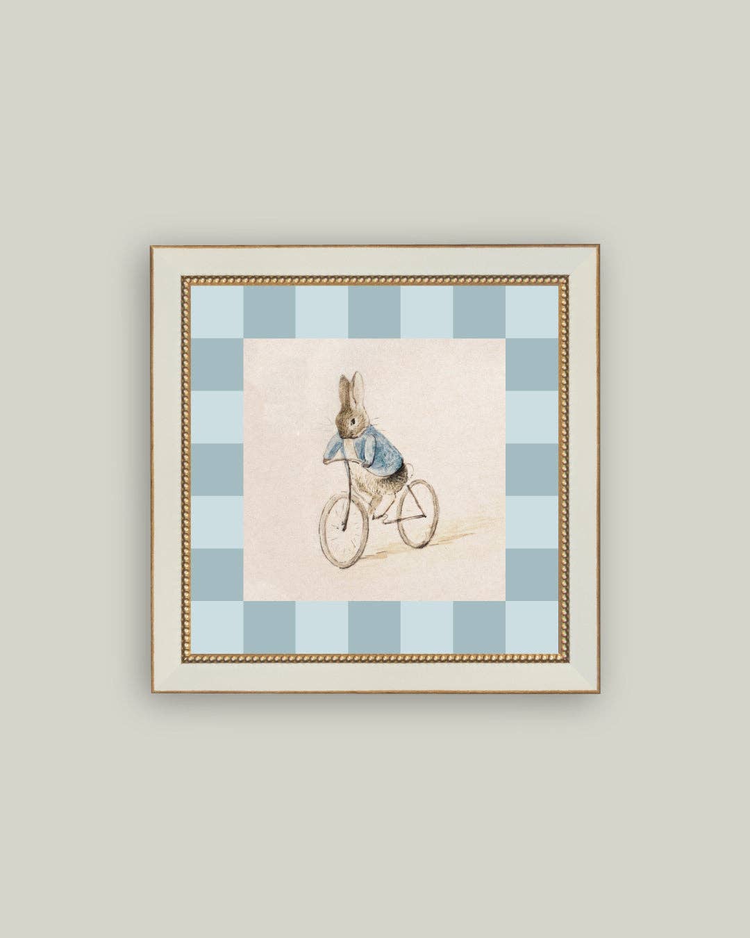 Checkered Biking Bunny Framed Antique Art