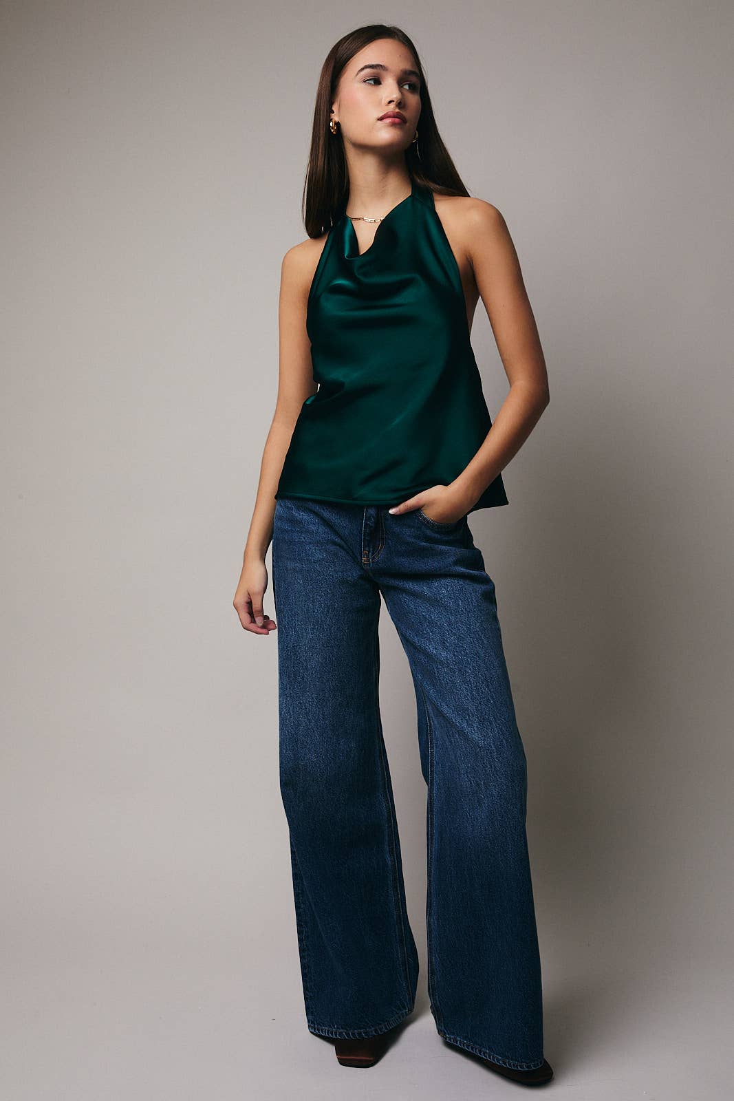 LAST CHANCE - High Cowl Neck Halter Satin Top - size L
