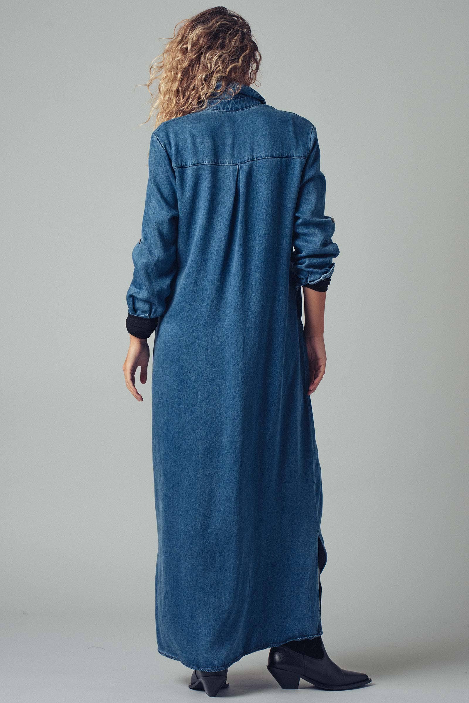 Relaxed Western Denim Midi Shirt Dress with Button Front for Women | Denim & Design BLUE / S Relaxed Western Denim Midi Shirt Dress with Button Front for Women | Denim & Design BLUE / S