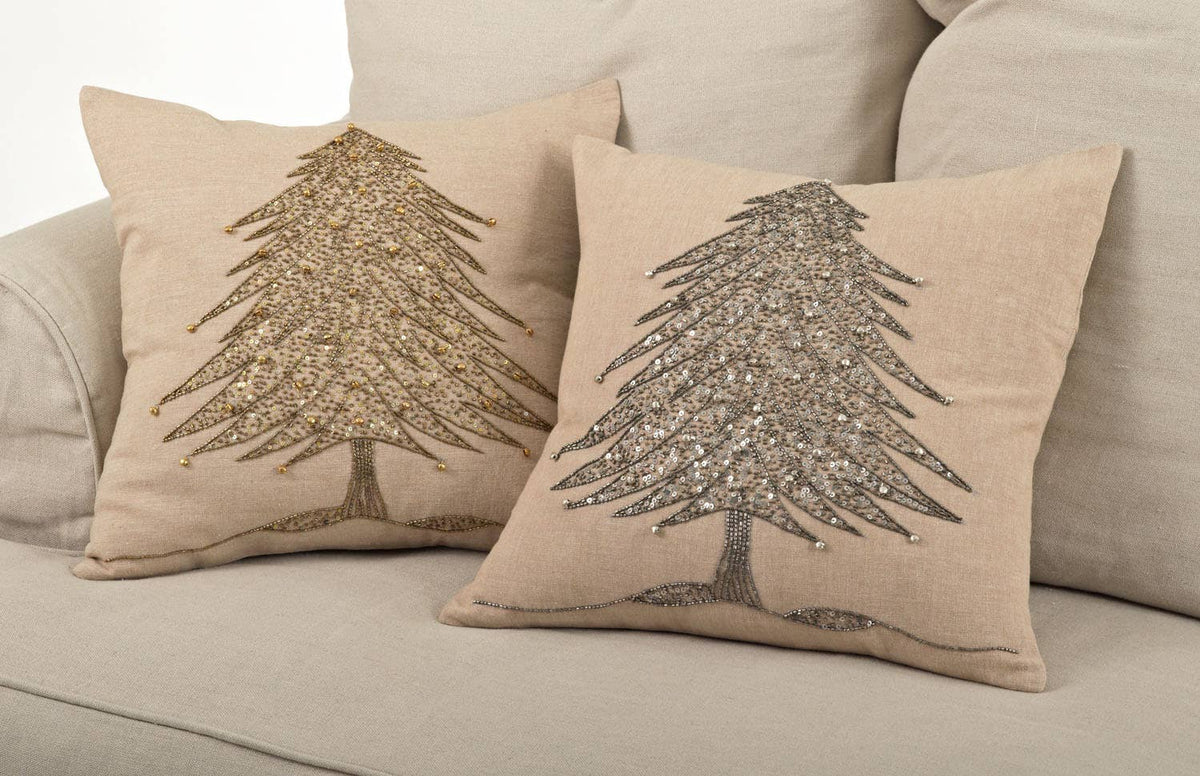 Beaded Xmas Tree Design Pillow - Down Filled