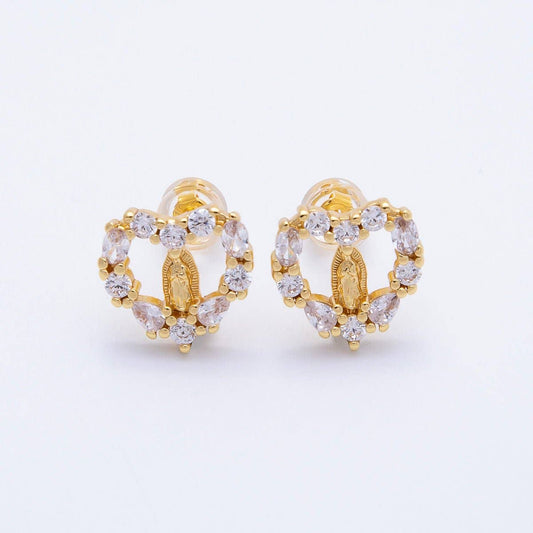 Paved CZ Open Heart Religious Stud Earrings