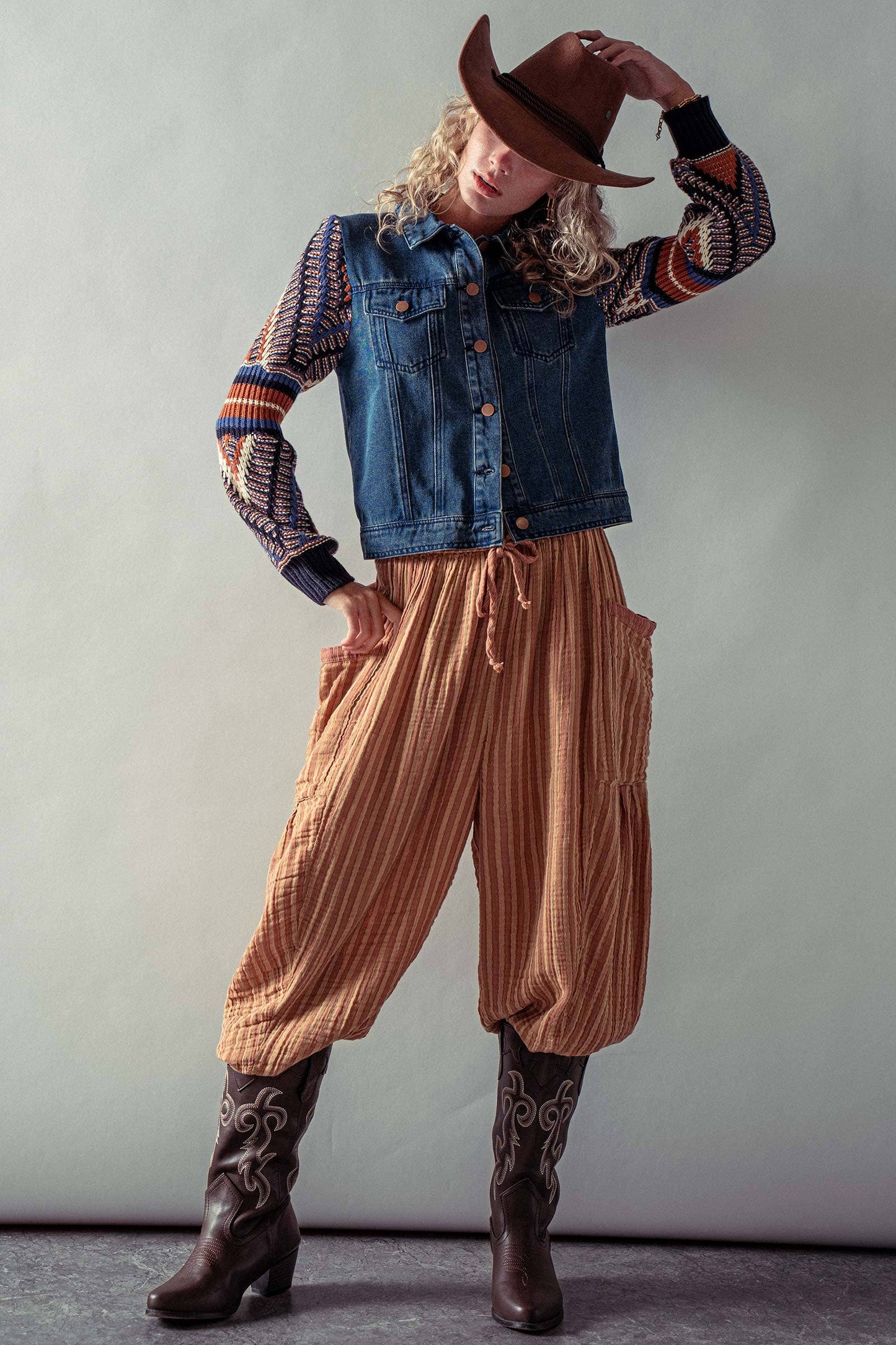 Denim Jacket with Knit Sleeves