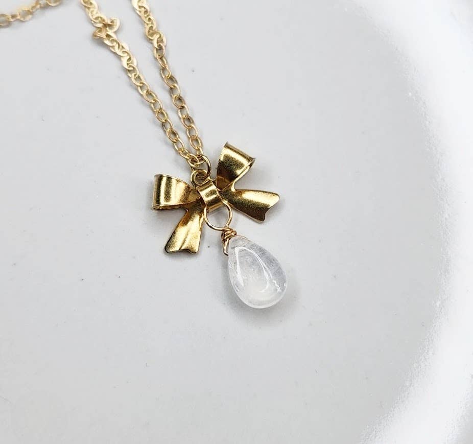 Rainbow Moonstone and Brass Bow Charm Matching Jewelry Set