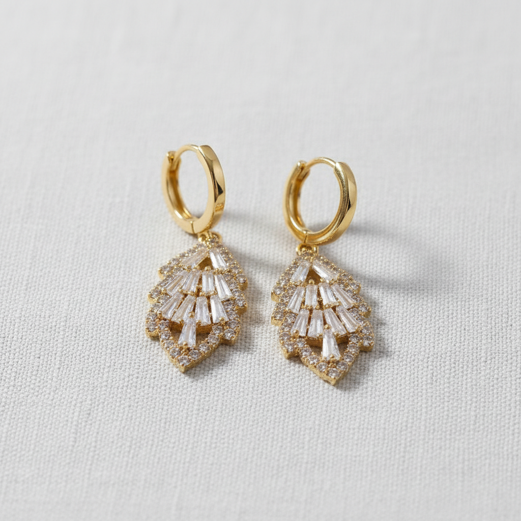 Leaf Design Crystal Tassel Earrings
